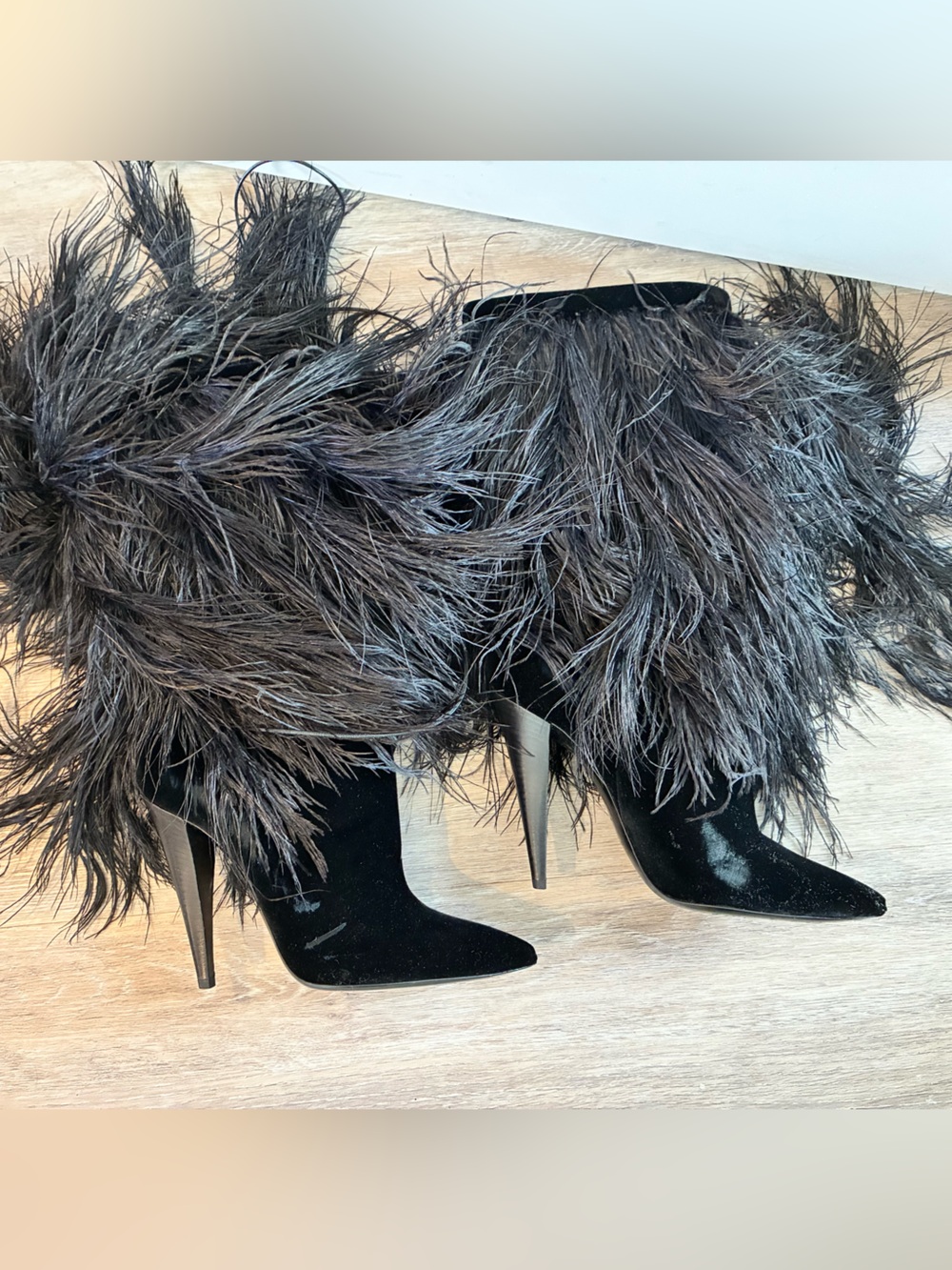 Saint Laurent Black Feather-Trim Pointed Toe Stiletto Boots